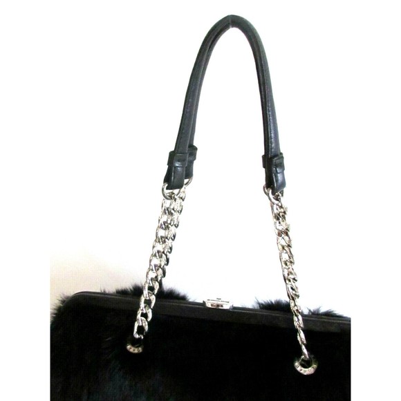 Women's Fur Bag's Designer Michael Kors Black Rabbit Fur Silver Tone Chain Strap - Picture 10 of 14